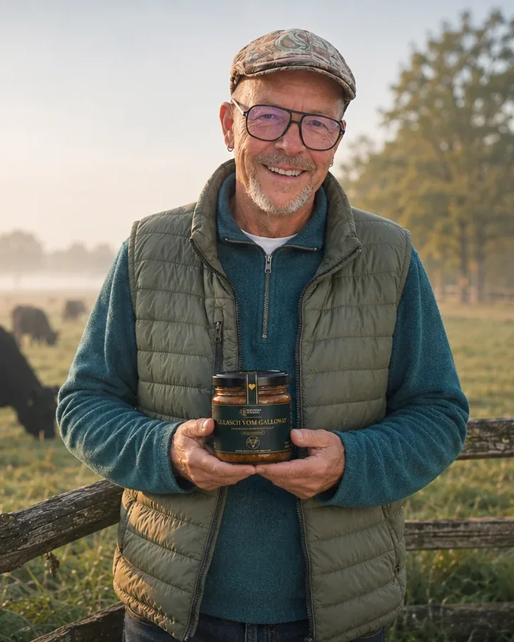 Dirk mit einem Glas Gulasch an der Galloway-Weide