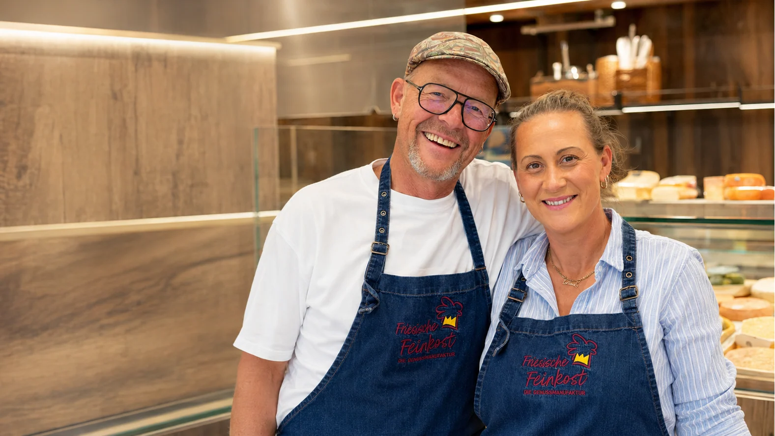 Dirk und Katarina in Schürzen in ihrem Laden