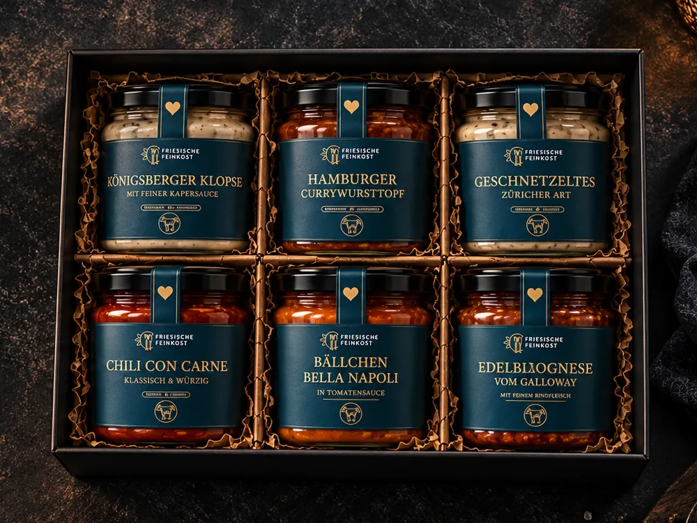 Die Galloway Gold Box von oben, sechs Gläser im Karton