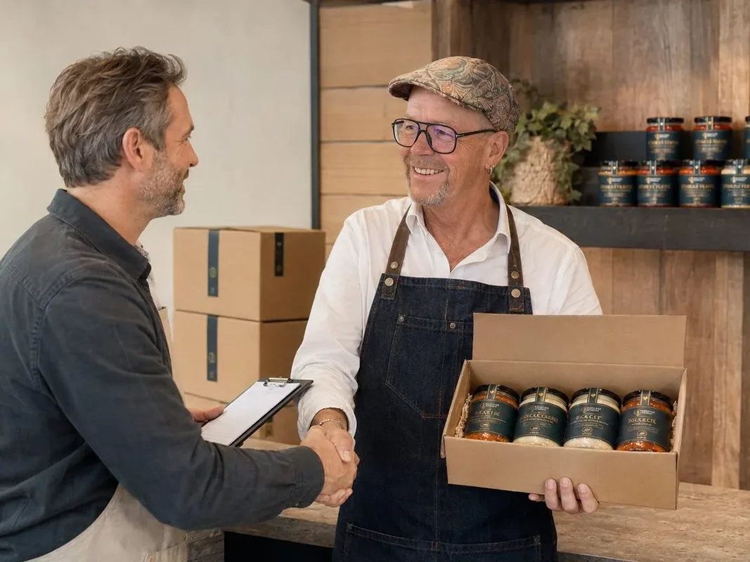 Dirk übergibt eine Box mit vier Gläsern über die Ladentheke