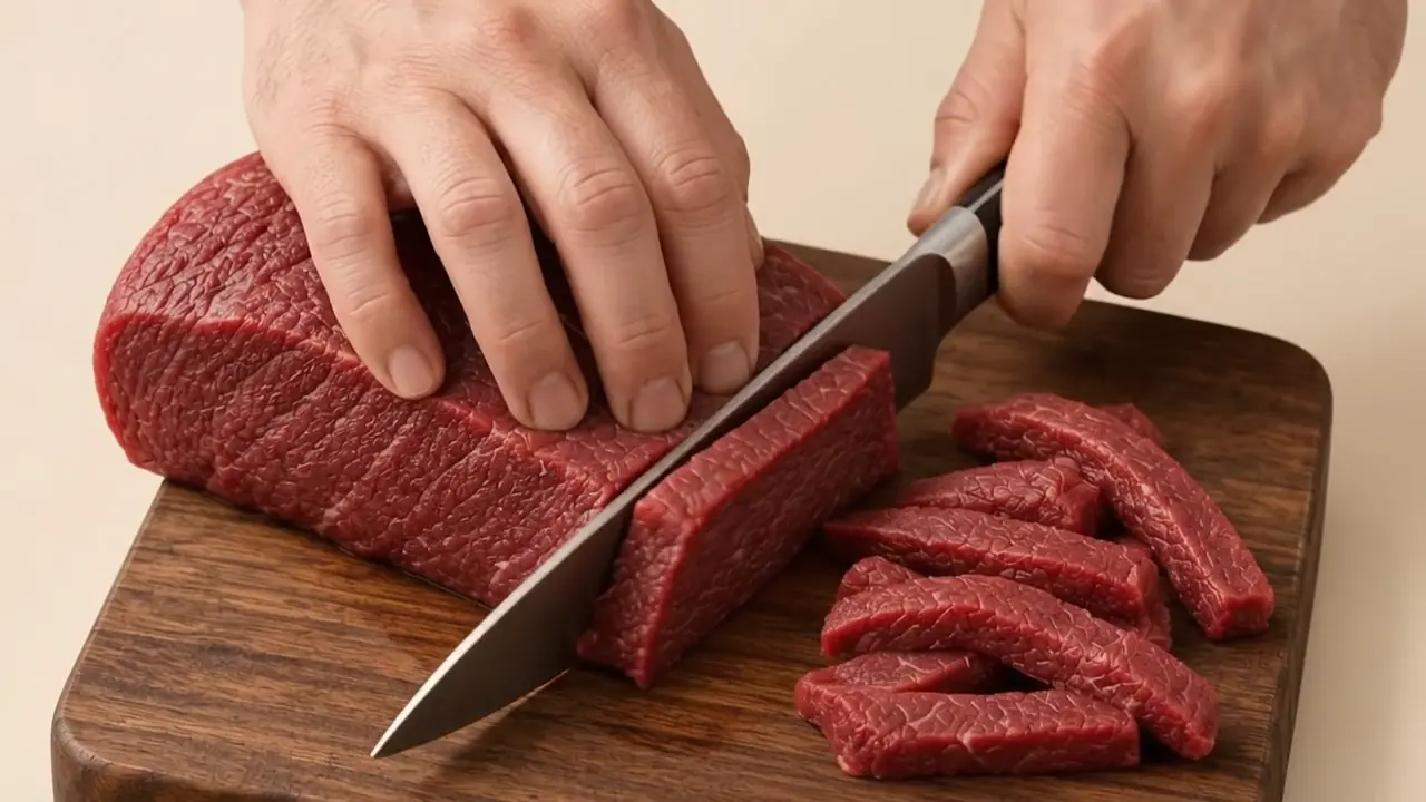 Fleisch wird von Hand mit dem Messer geschnitten
