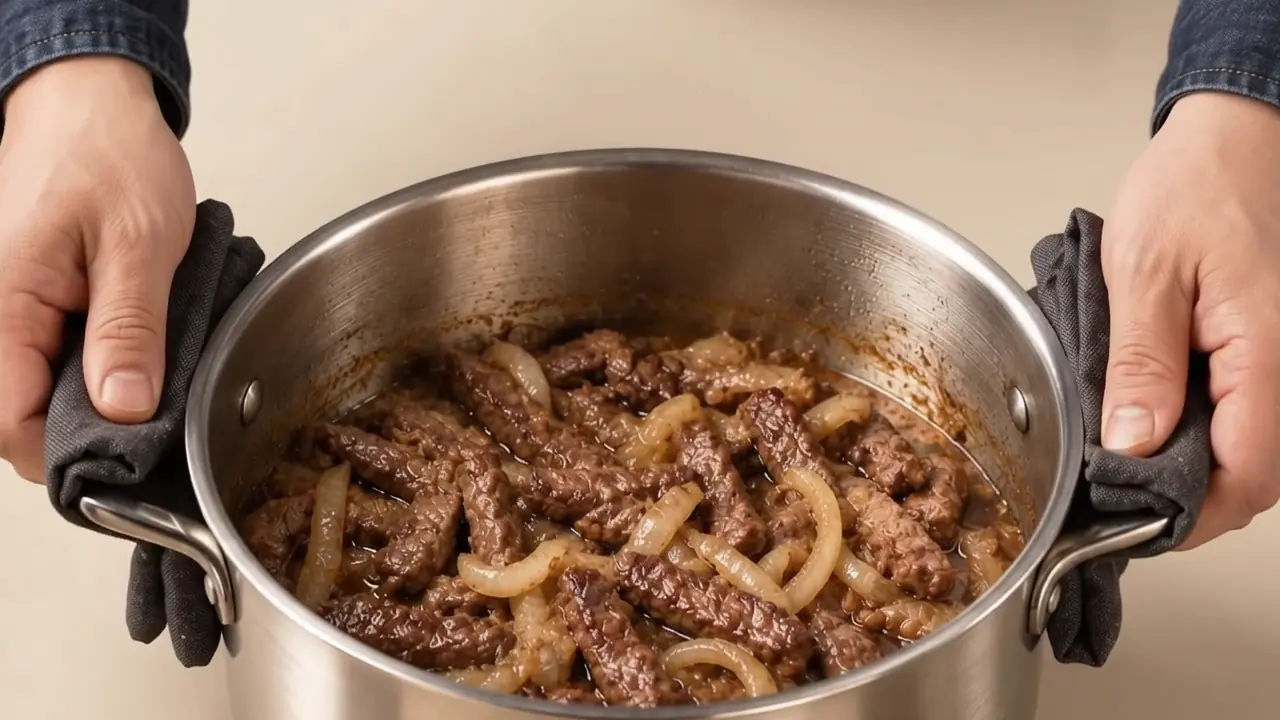 Ein großer Topf mit schmorendem Fleisch
